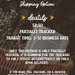 The image is a promotional poster for a special sticker and bookmark shipping option. It features a wicker basket with an open book, and the text provides details about the shipping option, including a partially tracked transit time of 3-12 business days and a $2.50 shipping cost. The poster also mentions that the shipping method is only partially tracked, and the customer has the option to choose a fully-tracked or shorter transit time.
