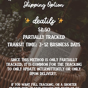 The image is a promotional poster for a special sticker and bookmark shipping option. It features a wicker basket with an open book, and the text provides details about the shipping option, including a partially tracked transit time of 3-12 business days and a $2.50 shipping cost. The poster also mentions that the shipping method is only partially tracked, and the customer has the option to choose a fully-tracked or shorter transit time.