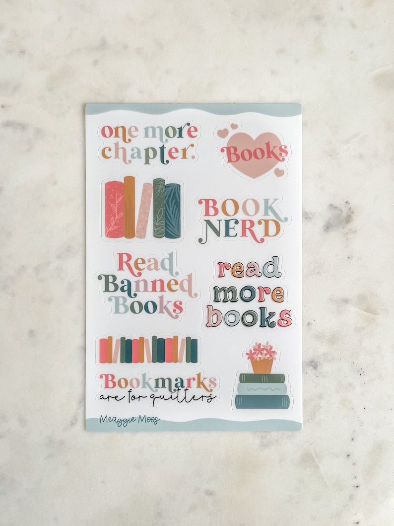 Book Nerd Sticker Sheet | Bookish Waterproof Stickers | Book Worm Gifts | Reader Decals | 9 Stickers | 6"x4" image 8