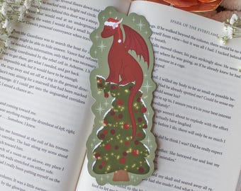 Christmas Tree Dragon Bookmark | Die-Cut Festive Holiday Bookmark for Fantasy and Romantasy Readers, Book Lovers, and Authors