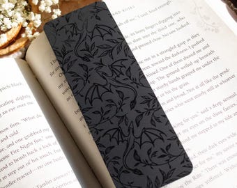 Black UV Coated on Black Floral Dragons Bookmark | Fantasy Bookish Gifts | Reader Aesthetic | Book Lover Page Marker | 6"x2"