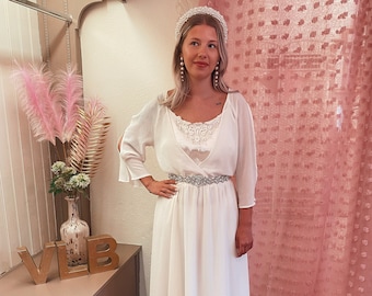 Simple wedding dress, Boho, Midi wedding dress, 1970s, Ballerina  length, Informal wedding, Floaty , Eco friendly, Chiffon UK 10/12 US 8