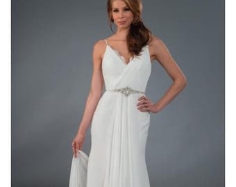 SALE wedding dress, diamanté belt, Chiffon, Grecian, sash train, strappy, diamanté belt. U.K. 14/16 US 12/14 Glamorous, sample, tall