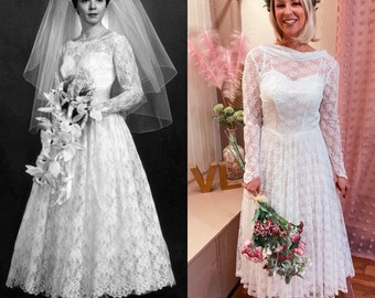 1950s Wedding Dress, Tea Length Dress, Ballerina Length Wedding Dress, The softest Lace, Shawl, Boat, Cowl Collar. Size UK 10/12 US 8/10