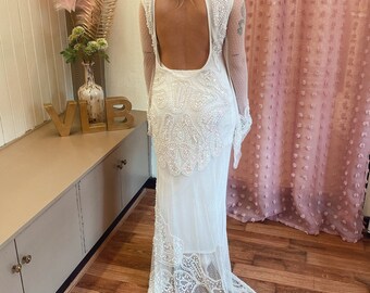 Wow! Showgirl Wedding Dress, Backless embellished wedding dress, figure hugging, fitted wedding dress, illusion, Angel sleeves, 12/14
