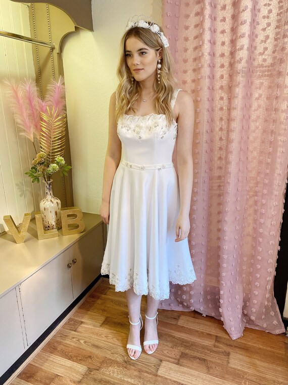 silver tea length wedding dresses