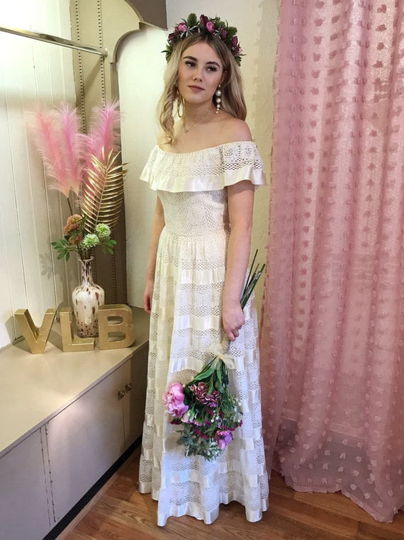 boho bardot wedding dress