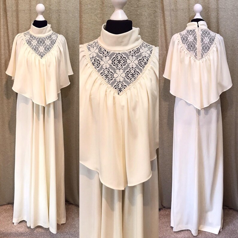 UK 1214 US 810 Cream vintage 1970s alternative wedding dress with high neck Crochet detail and cape sleeves Boho wedding dress