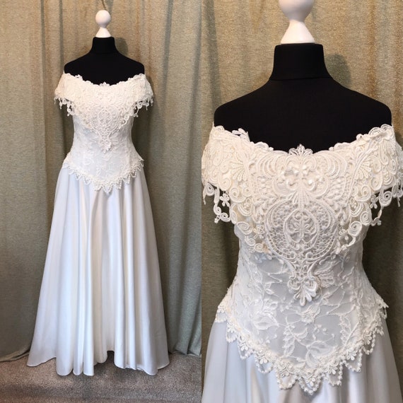Off The Shoulder Embellished Wedding Dress Pearls Boho Etsy