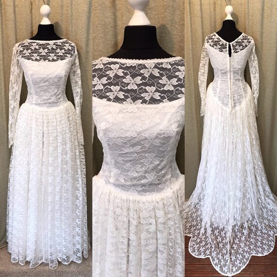 1950s Style Lace Vintage Wedding Dress With Illusion Sleeves Etsy