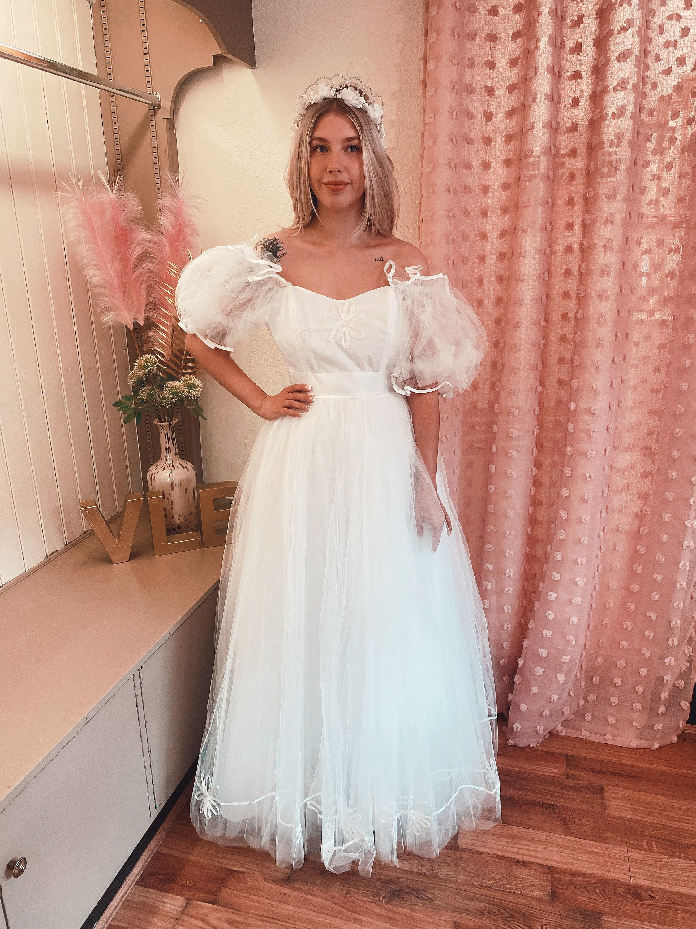 Tulle Bubble Sleeves 80s Style Tea Length Wedding Dress Tulle Bubble Sleeves 80s Style Tea Length Wedding Dress