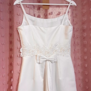 Simple Satin Wedding Dress, Strappy, Vintage Wedding Dress, Ivory, Sheath Dress sustainable, 1980s does 1960 Bow Pleated back detail 10/12