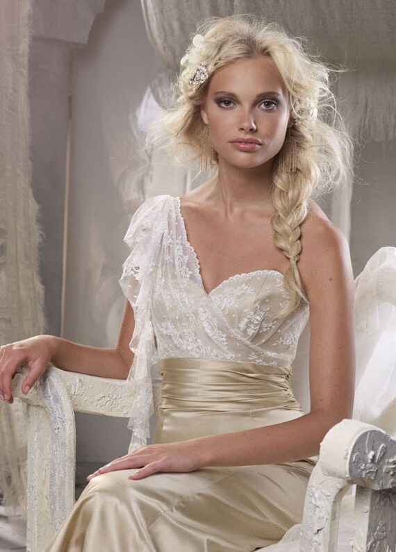 Champagne Wedding Dress One Shoulder Lace And Slipper Satin Etsy