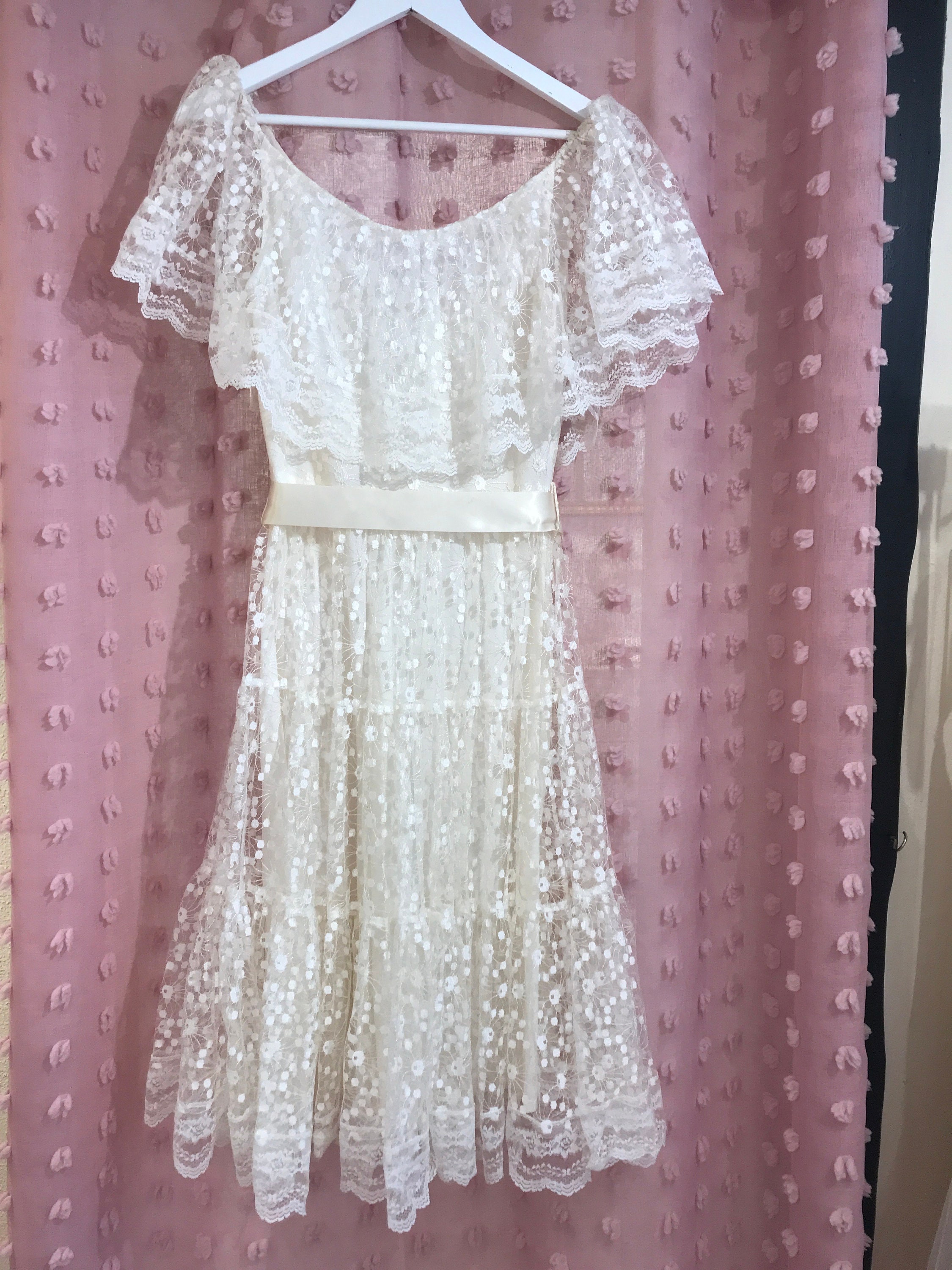 Vintage 1970s Lace Wedding Dress, Boho Tea Length, Off The Shoulder UK 8/10
