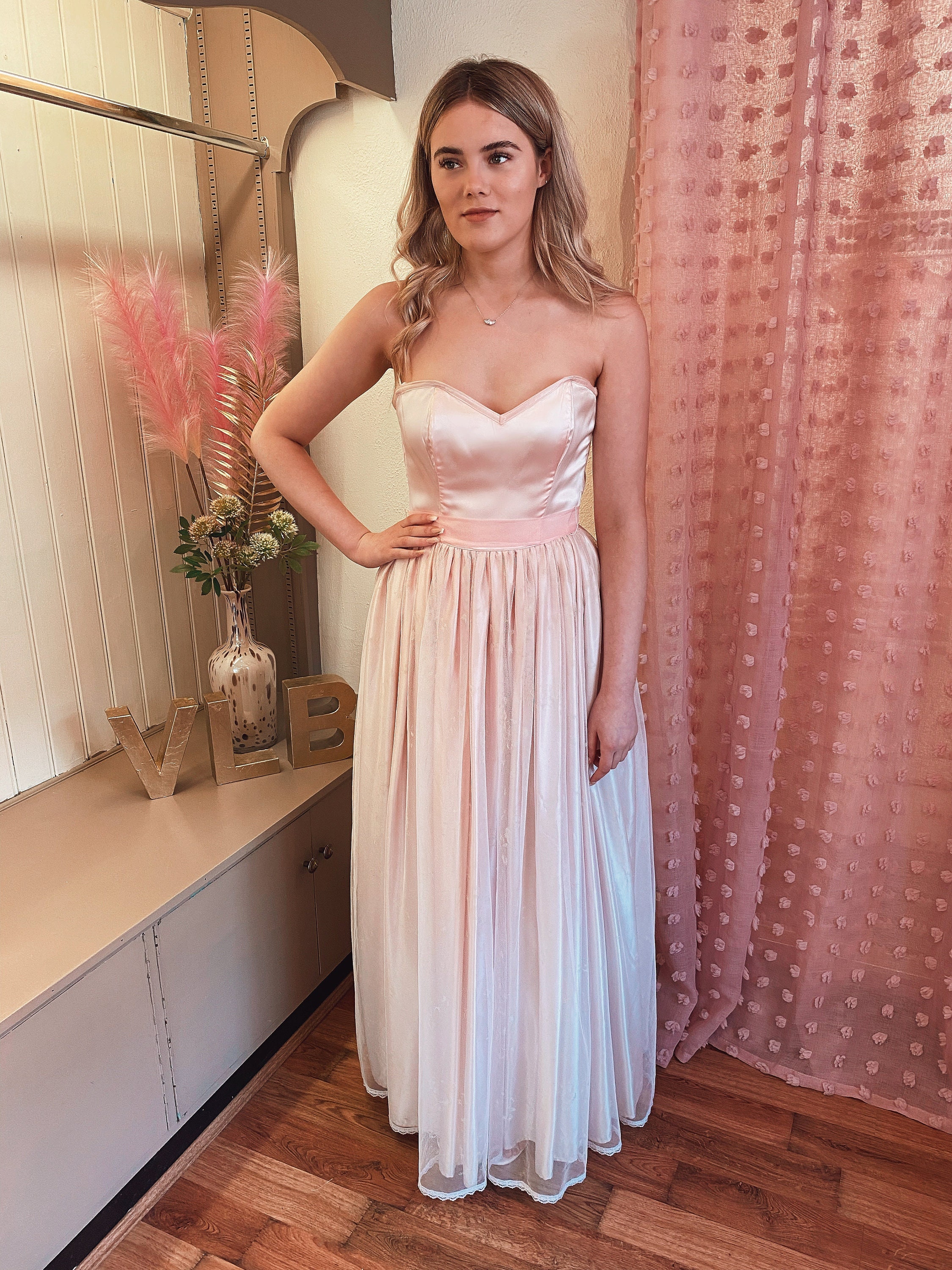 Embroidered Silk Gown Dress in Baby pink - GW0419