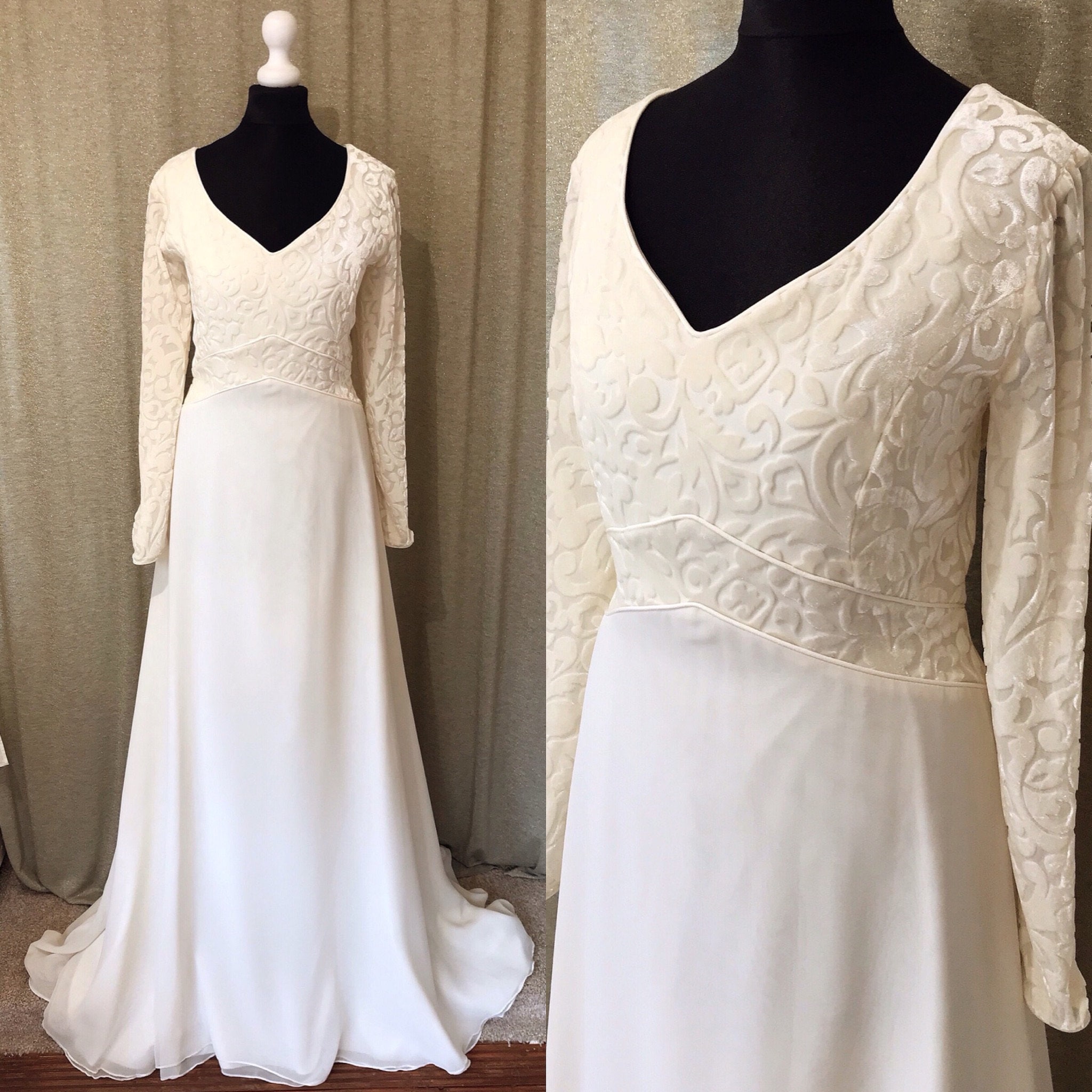 ivory velvet wedding dress Dress, ivory, Long sleeve wedding dress, Devore bodice chiffon skirt, Winter Wedding with Train, UK 14, US 10 white velvet dress