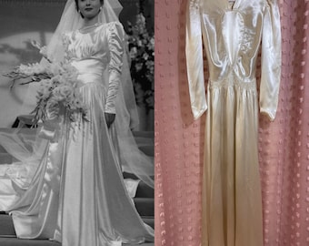 Original Art Deco Edwardian 1920s 1930s Wedding Dress, Liquid Satin, Vintage, Ivory puff sleeve Wedding Dress, Approx UK 8/10, US 6