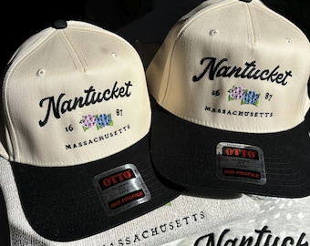 Nantucket Hydrangea Embroidered Trucker Hat: Two-Tone Coastal Beachy Inspired Trucker