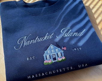 Sudadera bordada de la isla de Nantucket, sudadera de Massachusetts, suéter de Nueva Inglaterra, sudadera de hortensias de Cape Cod, nieta costera