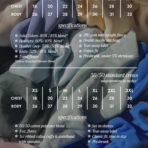 May include: A size chart for apparel featuring two tables for luxe crews and hoodies and 50/50 standard crews with measurements in inches. The text includes specifications for fabric blends, fleece weight, stitching, labels, and a measuring tip for garment sizing.