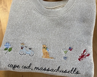 Sudadera bordada con hortensias de Cape Cod Icons: Sudadera de punto estilo Grandmillennial de Coastal Grandmillennial