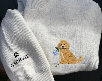Sudadera de cuello redondo con bordado de hortensia y Goldendoodle estilo costero, gorra de camionero de inspiración vintage de la costa este con diseño de Goldendoodle americano. Regalo ideal.