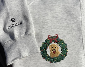 Sudadera navideña con cuello redondo y bordado de Golden Retriever, regalo personalizado para amantes de los Golden Retriever.