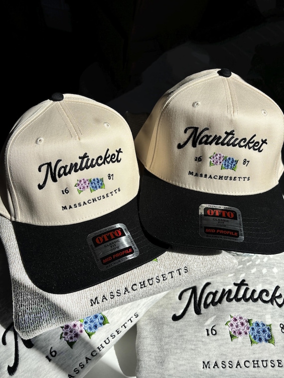 Nantucket Hydrangea Embroidered Trucker Hat: Two-Tone Coastal Beachy Inspired Trucker