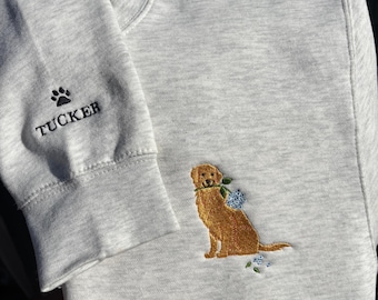 Sudadera de cuello redondo con bordado de hortensia y golden retriever estilo costero, gorra de camionero de inspiración vintage de la costa este con golden retriever americano. Regalo ideal.