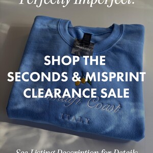 May include: A light blue crewneck sweatshirt featuring an embroidered design of yellow lemons with green leaves above the text Amalfi Coast and ITALY. The garment includes a tag labeled simple&stellar and text overlays reading Perfectly Imperfect. SHOP THE SECONDS & MISPRINT CLEARANCE SALE See Listing Description for Details.