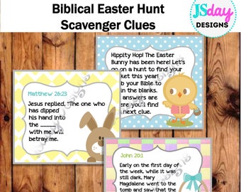 Biblical Easter Scavenger Hunt; Christian; Easter Basket Hunt; Easter Bunny; Easter Chick: Clue Cards; Easter Clue Cards