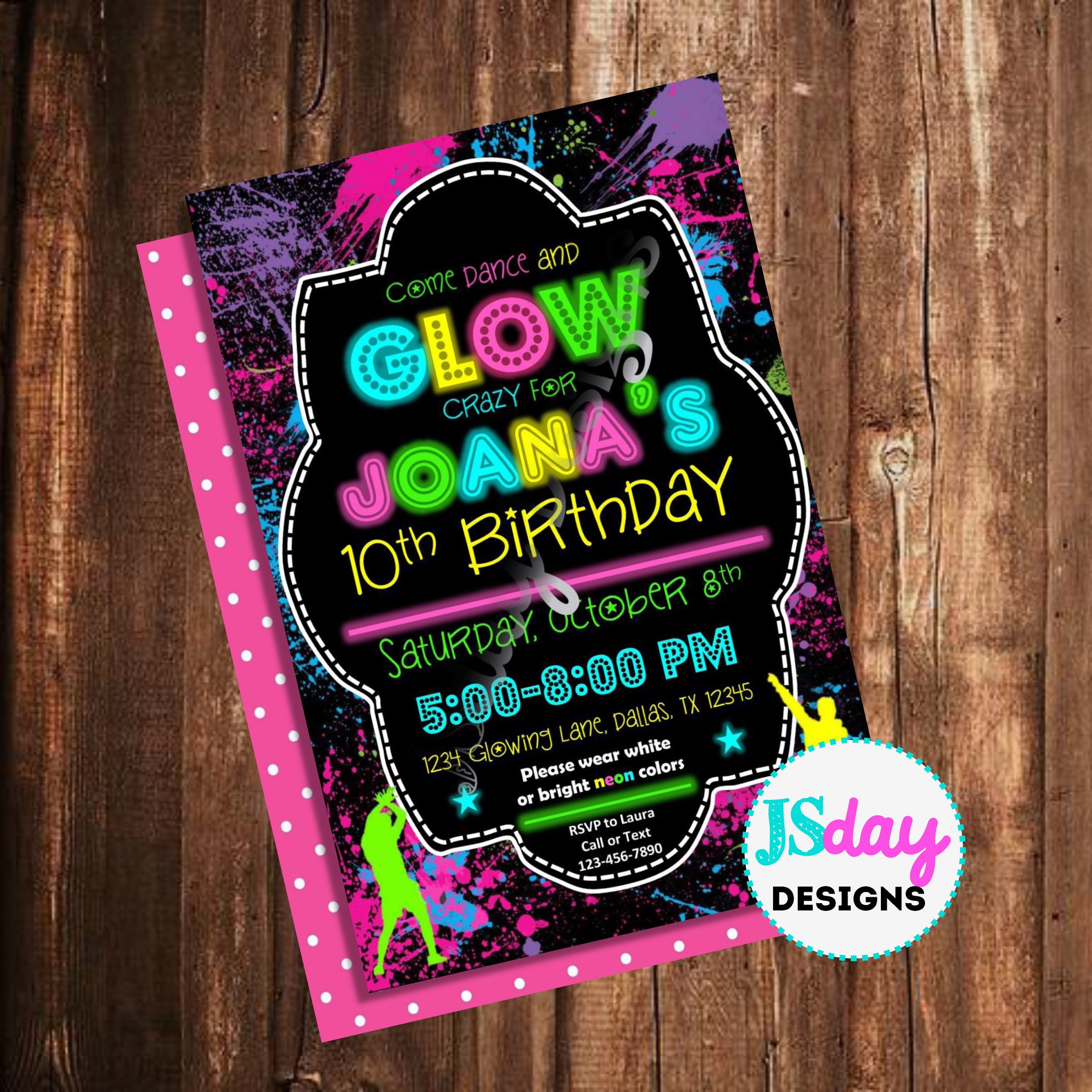 Glow party invite; glow in the dark birthday; dance invitation; girl …