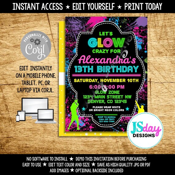 edit yourself glow crazy birthday invite glow in the dark party neon black light glow party invitation diy corjl invitation instant black light party invitation templates