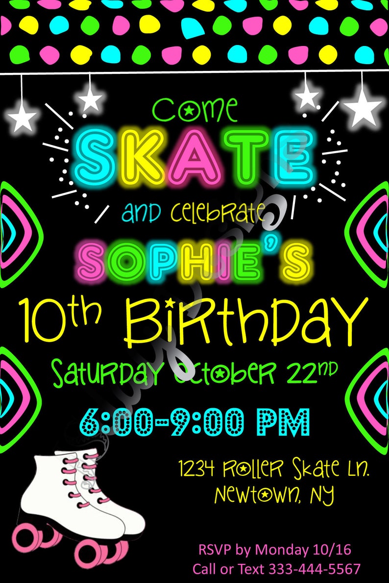 skate party invite; roller skate birthday; skating invitation; girl party; tween birthday; teen birthday; glow; rollerblade; roller blade