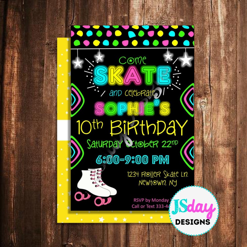 skate party invite; roller skate birthday; skating invitation; girl party; tween birthday; teen birthday; glow; rollerblade; roller blade