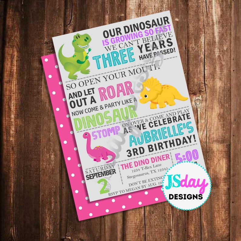 Dinosaur Invite Dino Invitation Girl Birthday Toddler Etsy