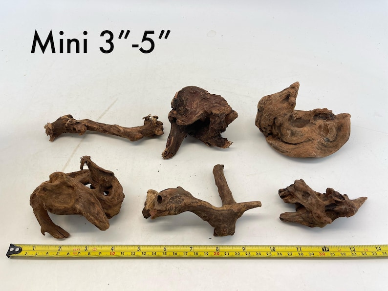 May include: Six pieces of brown driftwood, ranging in size from 3 to 5 inches. The driftwood is perfect for adding a natural touch to terrariums, aquariums, or other decorative projects.