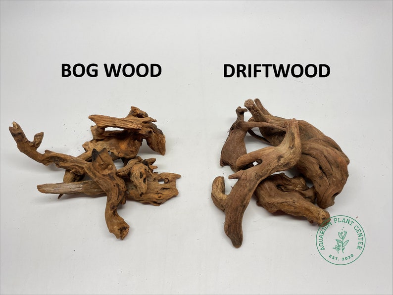 May include: Two types of wood for aquariums: bog wood and driftwood. The bog wood is a light brown color and has a more natural, branch-like shape. The driftwood is a darker brown color and has a more gnarled, twisted shape.
