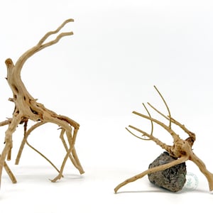 May include: Two pieces of driftwood for aquariums or terrariums. The larger piece is shaped like a deer with a long neck and multiple legs. The smaller piece is a more compact, branching piece of driftwood.