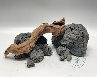 Conjunto de paisaje duro de roca de lava negra y madera flotante desgastada / Nano acuario / Selección aleatoria