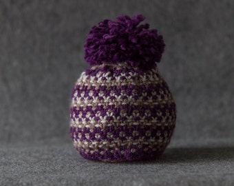 Knit Linen Stitch Beanie with Pom Pom Purple and Gray