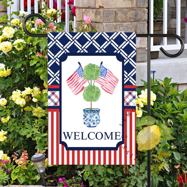 Welcome Chinoiserie Flag, Preppy Garden Flag, Red White Blue Home Decor