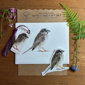 Male House Sparrow Note Card Gift Set, House Sparrow Card and gifts, mailable gifts, Sparrow note card, Sparrow Sticker, Sparrow Bookmark