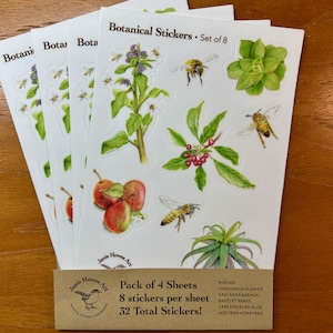 Botanical Sticker Sheet Pack, 4 Bögen mit 8 Aufklebern, Die-Cut Vinyllaminat, insgesamt 32 Aufkleber, 8 verschiedene Bilder, 4 von jedem Bild
