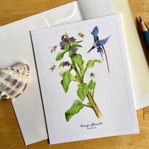 Tarjeta de notas en blanco de borraja y abejas, 5,5 x 4,25 pulg.