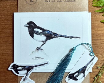 Magpie Note Card Gift Set: Bird Art Card, Sticker & Bookmark