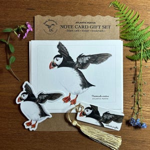 Ensemble-cadeau de cartes macareux de l'Atlantique, ensemble de cartes macareux, autocollant et marque-page pour carte macareux, cadeau à envoyer par la poste macareux, carte de correspondance vierge macareux, macareux