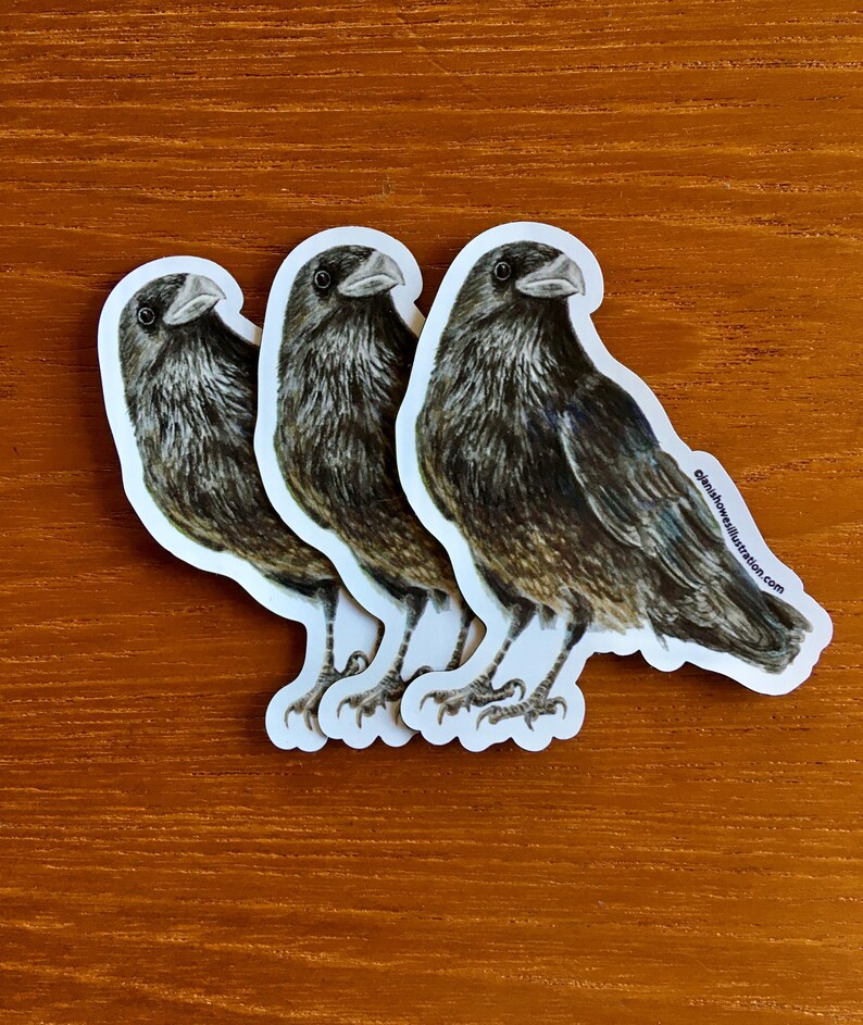 以下が含まれることがあります： 鳥の細かなイラストが描かれた黒いカラスのステッカーが3つ。ステッカーは木製の表面に貼られています。