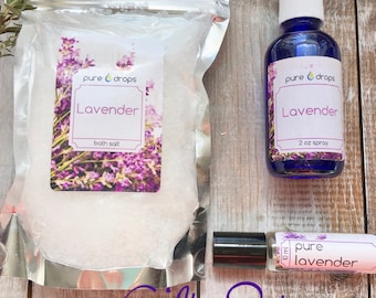 Lavender-Essential Oil-Package-Gift Set-Bath Set-Spa Set-Gifts for Her-Mother's Day Gift-Bath Salts-Spray-Linen Spray-Roller Bottle-Relax