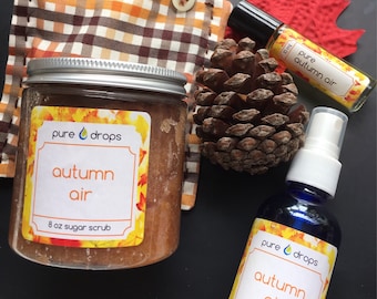 Autumn Air Scented Gift Set: Sugar Scrub, Roller Bottle, Sachet & Spray